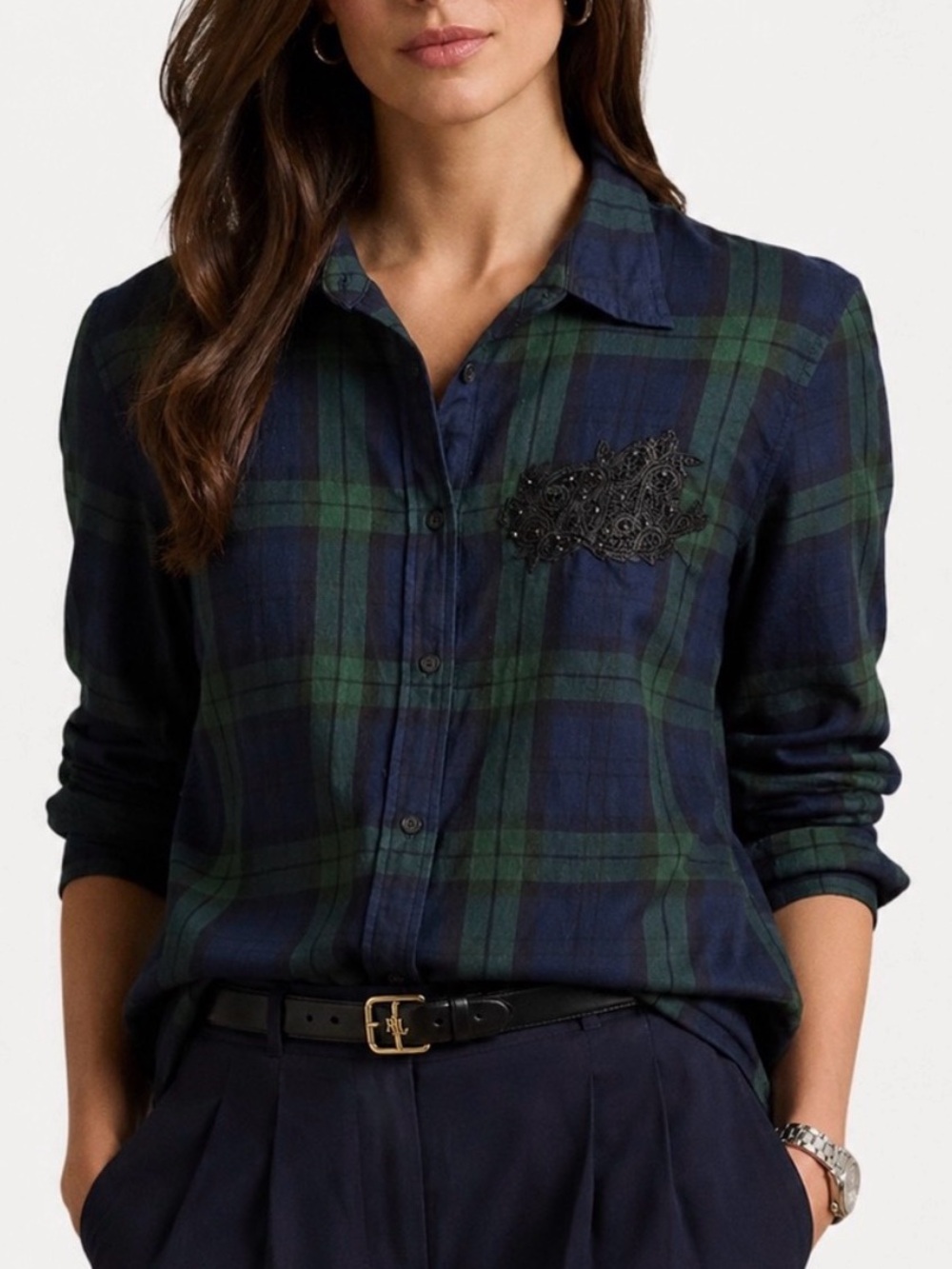 Lauren Ralph Lauren Plaid Button Down Flannel Top Embellished Green Blue 1X